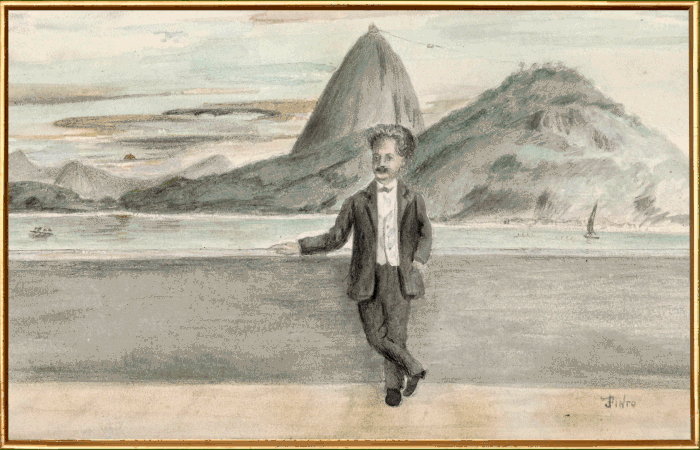 Pintura colorida que retrata Oswaldo Cruz em frente ao morro do Pão de Açúcar, no Rio de Janeiro. Oswaldo está em primeiro plano, com o braço apoiado em uma mureta. É retratado de cabelo grisalho, bigode, paletó cinza sobre camisa branca, calça cinza e sapatos pretos. Ele cruza uma perna à frente da outra. Ao fundo, o bondinho atravessa o cabo entre o Morro da Urca e o Pão de Açúcar. À frente, está escrito, com a caligrafia de Oswaldo: “Muitos corações e beijos muito afetuosos do teu Oswaldo”.