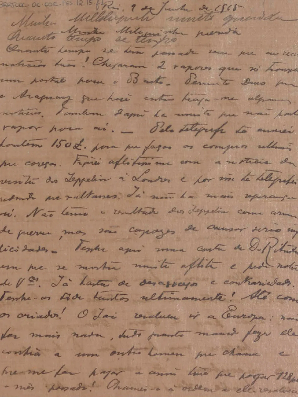 Carta manuscrita de Oswaldo, em papel amarelado pelo tempo. No cabeçalho, Oswaldo escreve: Rio, 9 de junho de 1908. Minha Miloquinha querida. A carta tem quatro páginas. Para conhecê-las na íntegra, leia as cartas de Oswaldo para sua família.