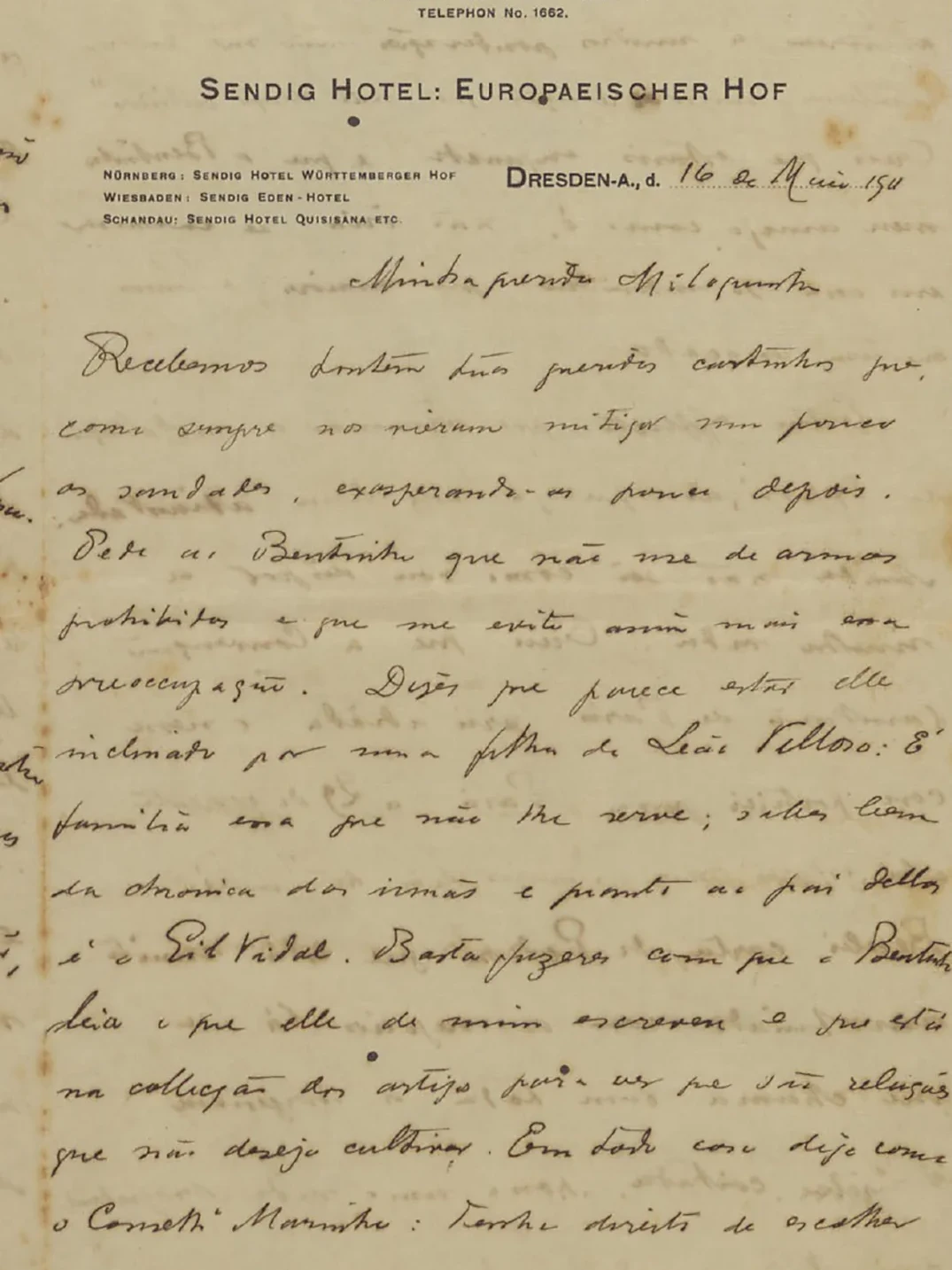 Carta manuscrita à tinta preta em um papel amarelado. No topo, em letras de fôrma: “Sendig Hotel Europaesicher Hof”. No cabeçalho: “Dresden, A.D. , 16 de maio de 1911”. Para conhecer o conteúdo das quatro páginas, leia as cartas de Oswaldo a Miloca.